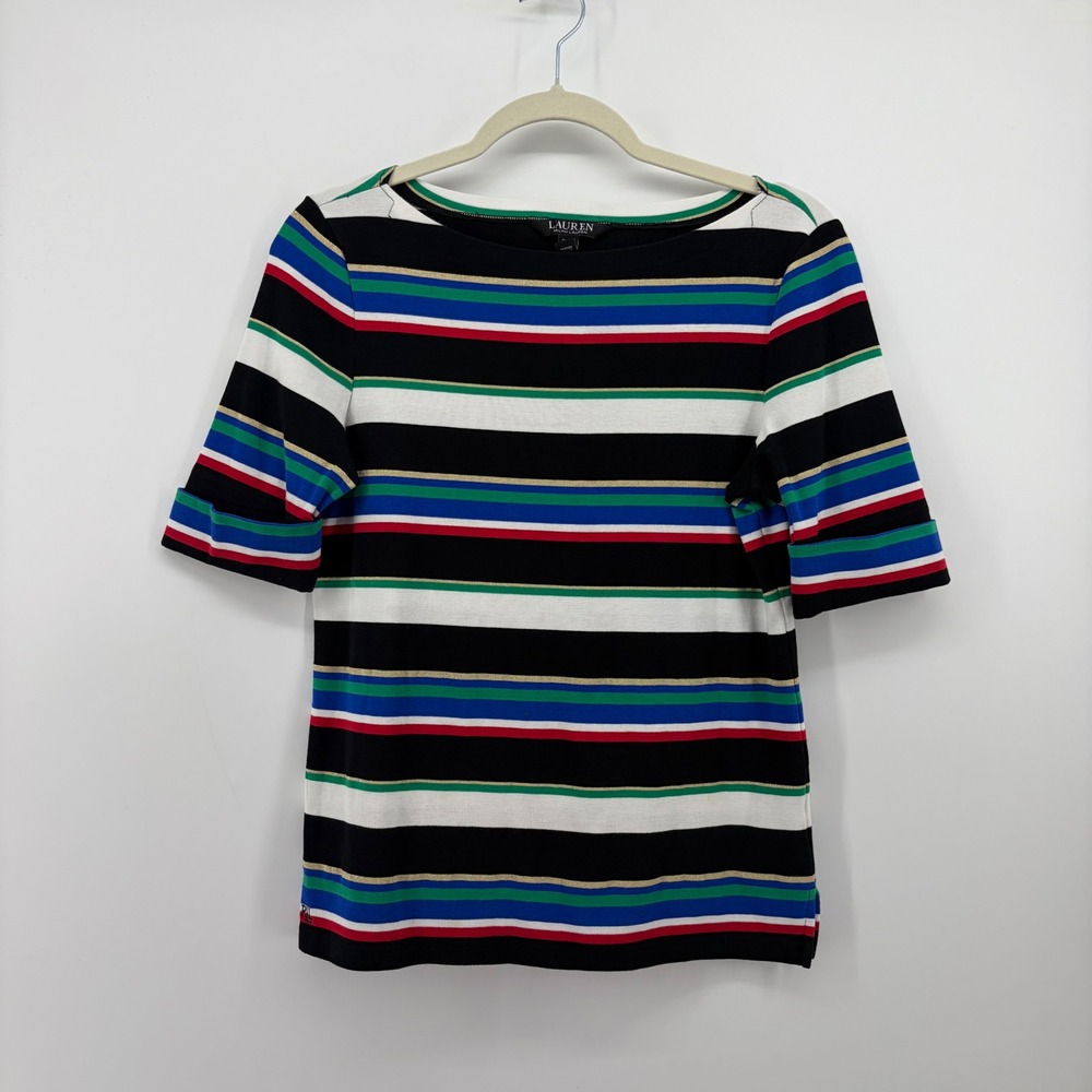 Lauren Ralph Lauren Womens PL Multi Stripe Boat Neck Short Sleeve Metallic Top
